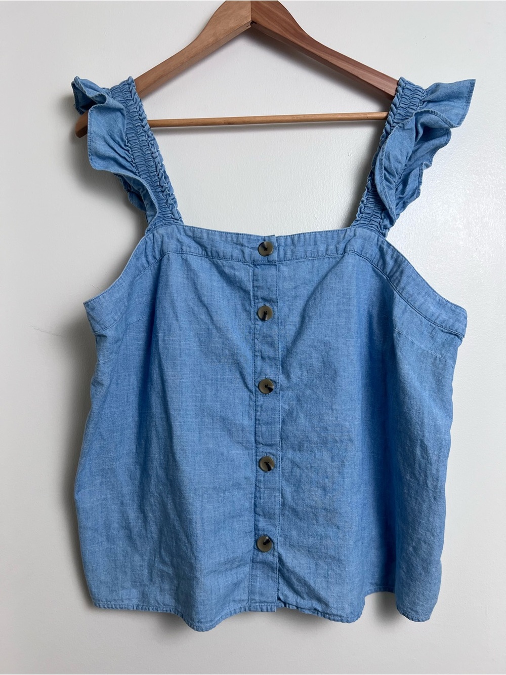 J.Crew Blue Chambray Ruffle Strap Button Front Tank Top XL 100% Cotton